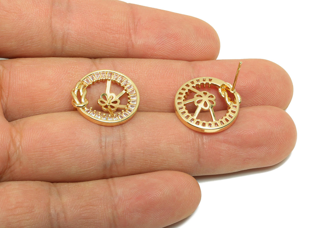 Brass CZ Earring Stud - Brass Cubic Zircon Earring Post - Brass Knot Earring Post For Pearl - 18K Real Gold Plating - 18.22x17x4mm - RGP8193 - DOMEDBAZAAR