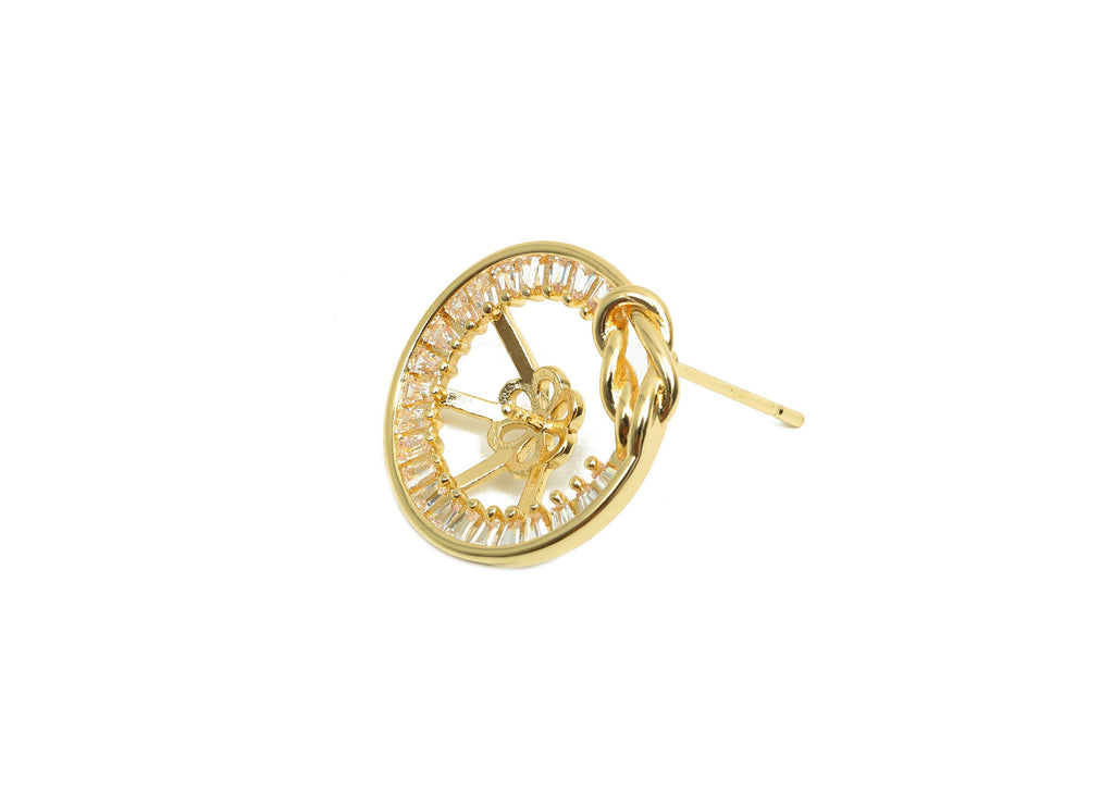 Brass CZ Earring Stud - Brass Cubic Zircon Earring Post - Brass Knot Earring Post For Pearl - 18K Real Gold Plating - 18.22x17x4mm - RGP8193 - DOMEDBAZAAR