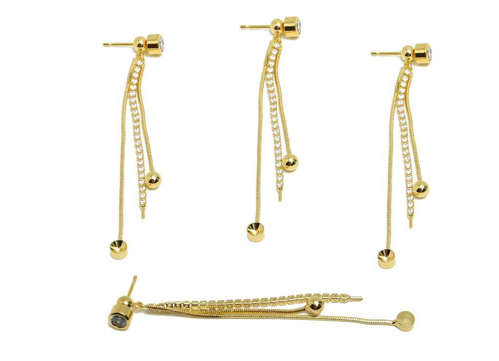 Brass Round Earring Stud - Zircon Chain Tassel Ear Stopper for Woman&#39;s - Gold Dangle Earring - 18K Real Gold Plating - 67x5x3.5mm - RGP8767 - DOMEDBAZAAR