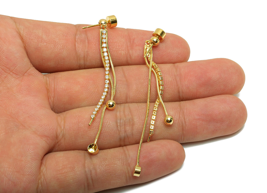 Brass Round Earring Stud - Zircon Chain Tassel Ear Stopper for Woman&#39;s - Gold Dangle Earring - 18K Real Gold Plating - 67x5x3.5mm - RGP8767 - DOMEDBAZAAR