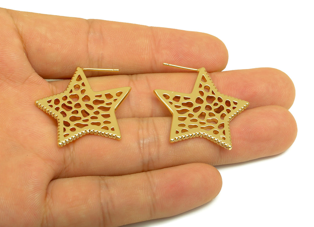 Brass Star Earring Post - Gold Zircon Mesh Star Earring - CZ Textured Star Earring Stud - 18K Real Gold Plated - 30.40x31.93x1.85mm- RGP8006 - DOMEDBAZAAR
