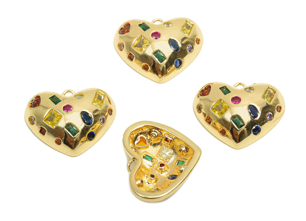 Brass CZ Heart Charms - Brass Cubic Zircon Earring Charm - Brass Rainbow CZ Heart Pendant  - 18K Real Gold Plating - 14x18.1x5mm - RGP8206 - DOMEDBAZAAR