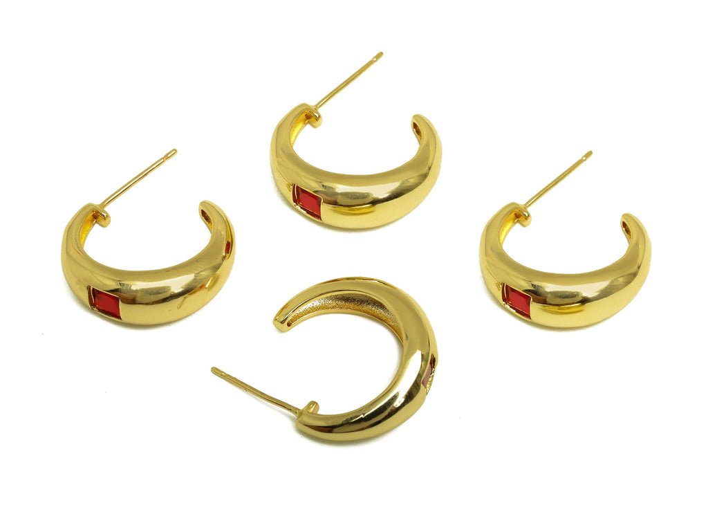 Brass C Hoop Earring - Gold Zircon Circle Earring Stud - CZ Open Round Earring Post - 18K Real Gold Plating - 24.70x6.85x3.83mm - RGP8007 - DOMEDBAZAAR