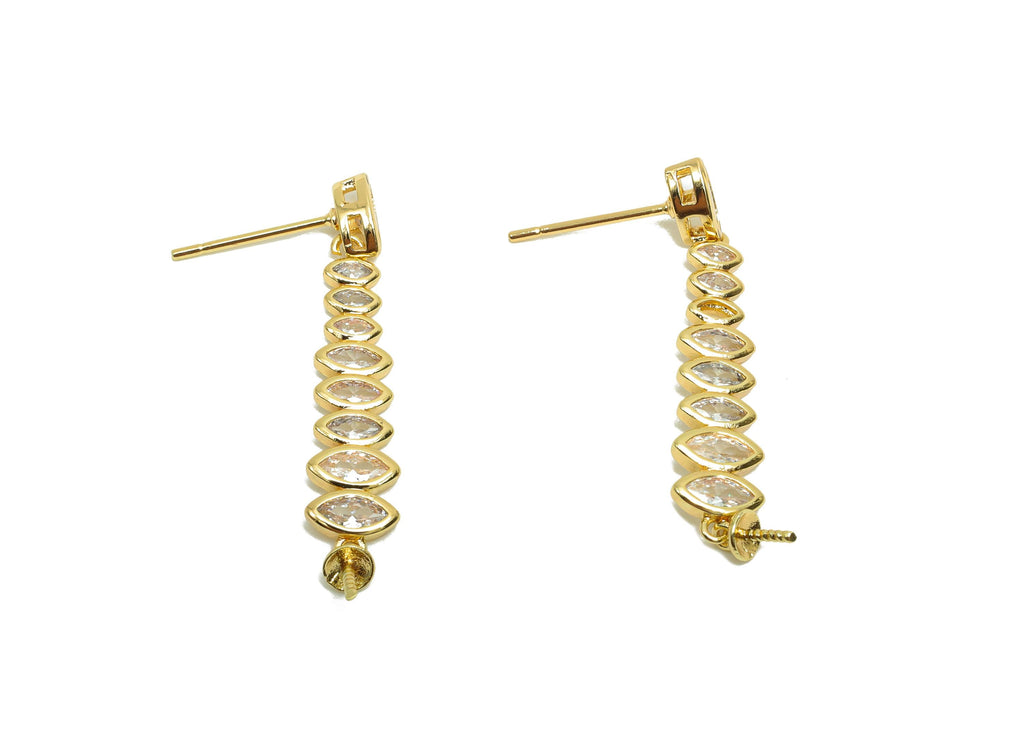 Brass Marquise Earring Post - Gold Zircon Hanging Earring - CZ Geometry Earring Stud For Pearl - 18K Real Gold Plating - 36x6x3mm- RGP8187 - DOMEDBAZAAR