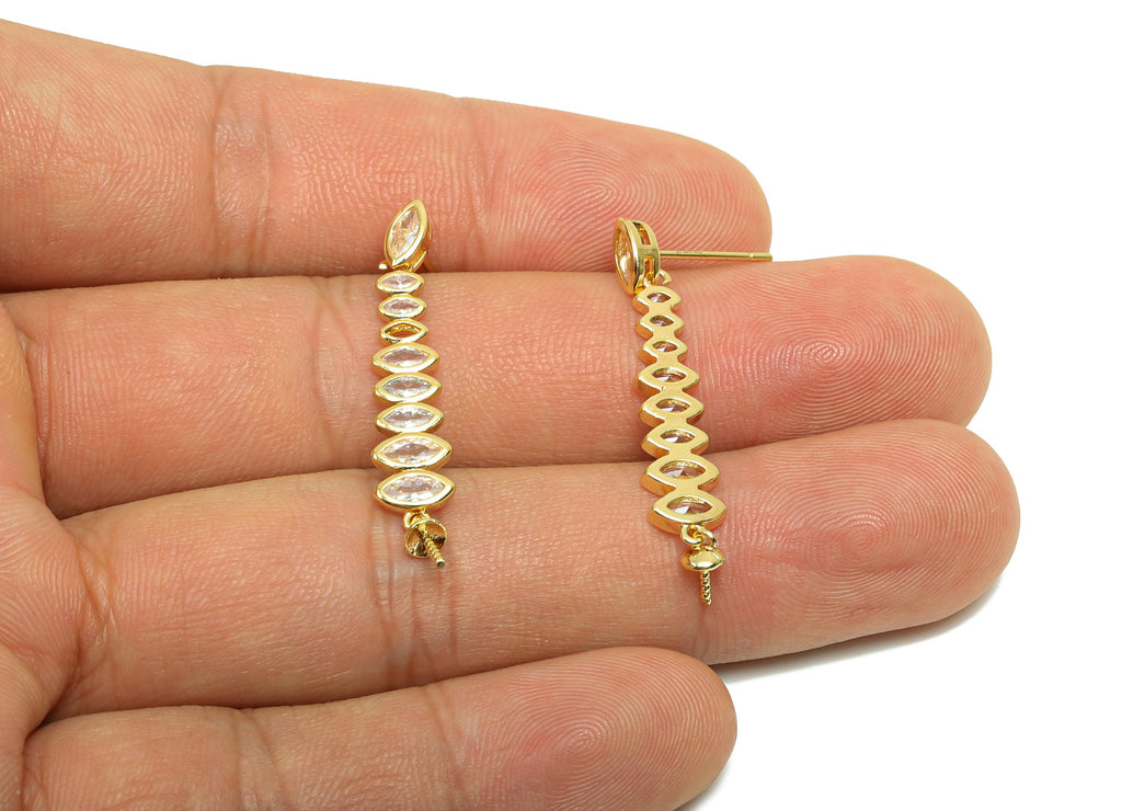 Brass Marquise Earring Post - Gold Zircon Hanging Earring - CZ Geometry Earring Stud For Pearl - 18K Real Gold Plating - 36x6x3mm- RGP8187 - DOMEDBAZAAR