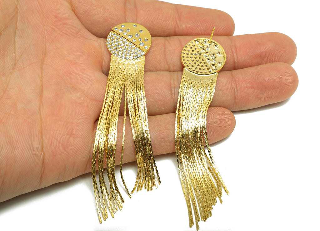 Brass Round Tassel Earring - Zircon Planet Snake Chian Ear Post - Gold Tassel Dangle Earring - 18K Real Gold Plated - 84x18x1.9mm - RGP8274 - DOMEDBAZAAR