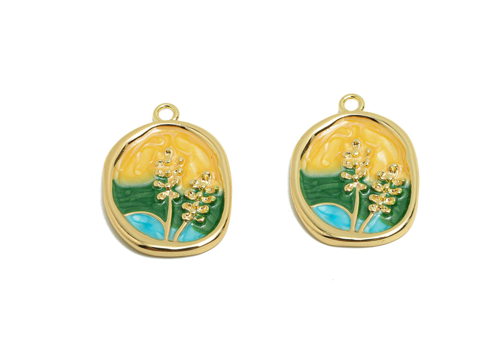 Brass CZ Painting Earring Charm - Brass Enamel Flower Charm - Brass Vintage Pendant - 18K Real Gold Plating - 22x12x2mm - RGP9967 - DOMEDBAZAAR