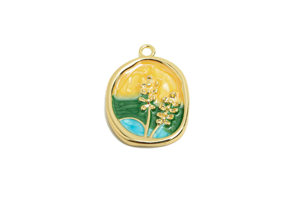 Brass CZ Painting Earring Charm - Brass Enamel Flower Charm - Brass Vintage Pendant - 18K Real Gold Plating - 22x12x2mm - RGP9967 - DOMEDBAZAAR