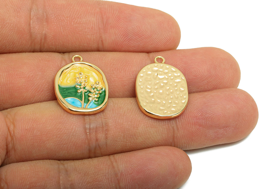 Brass CZ Painting Earring Charm - Brass Enamel Flower Charm - Brass Vintage Pendant - 18K Real Gold Plating - 22x12x2mm - RGP9967 - DOMEDBAZAAR