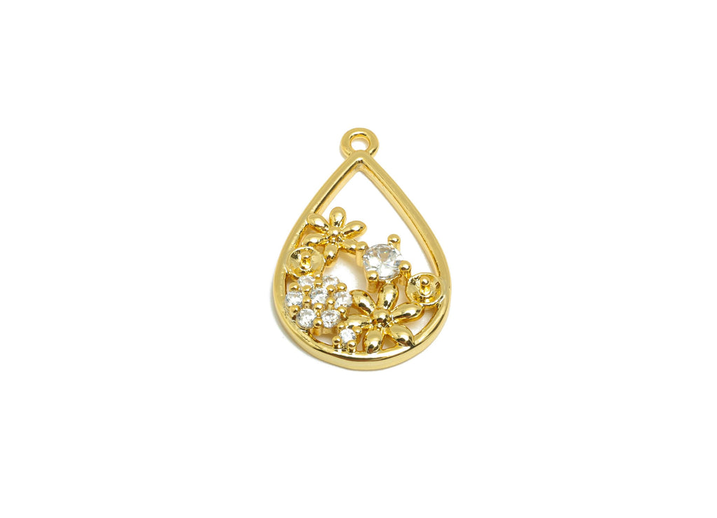 Brass Teardrop Garden Charm - Gold Flower Earring Charm for Necklace - Zircon Hollow Pendant - 18K Real Gold Plating -21.1x13.5x3mm- RGP8844 - DOMEDBAZAAR