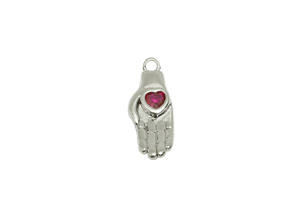 Hand Pendant with Heart - Brass Zircon Gem Earring - Modern Love and Protection Pendant - 18k Real White Gold Plated - 16x6x6mm - RGP10230 - DOMEDBAZAAR