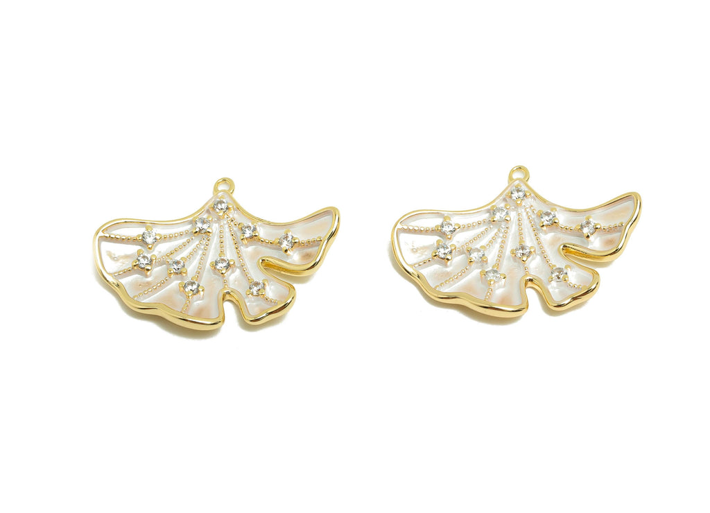 Brass Ginkgo Leaf Earring Charm - Brass Enamel Leaf Charm - Cubic Zircon Leaf CZ Pendant - 18K Real Gold Plated - 23x17x3mm - RGP9983 - DOMEDBAZAAR