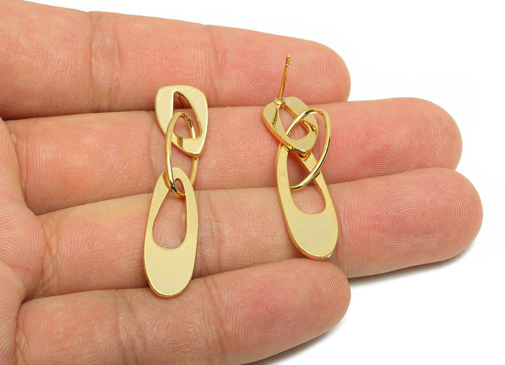 Brass Irregular Oval Earring - Oval Dangle Earring Post for Woman&#39;s - Gold Earring Stud - 18K Real Gold Plating -48.52x8.89x0.99mm -RGP8707 - DOMEDBAZAAR