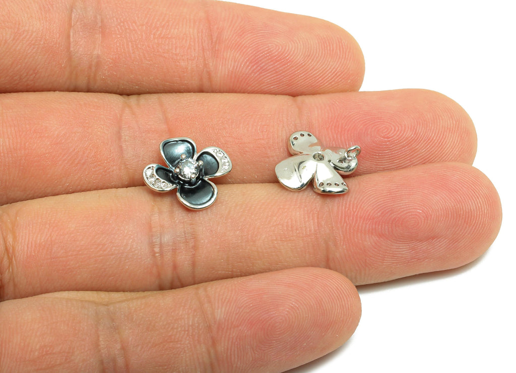 Brass CZ Flower Earring Charm - Brass Enamel Flower Charm - Black Zircon Botanical Pendant - 18K Real White Gold Plated - 13x12x3mm-RGP10000 - DOMEDBAZAAR