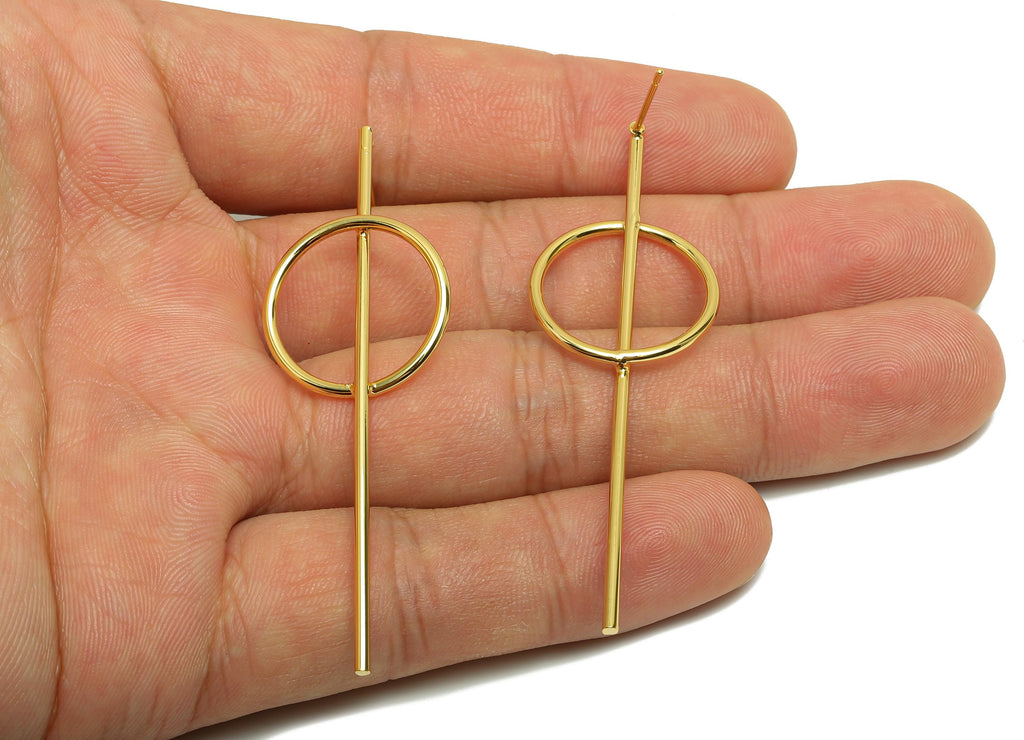 Brass Long Bar Earring Stud - Circle Earring Post for Woman - Gold Daily Wear Earring - 18K Real Gold Plating - 62.44x19.85x1.45mm - RGP8747 - DOMEDBAZAAR