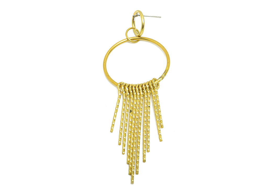 Dangle Tassel Earring Stud - Raw Brass Boho Textured Tassel Wire Post - Layered Fringe Earring for Bold Look Post - 90x30x5mm - PP10835 - DOMEDBAZAAR