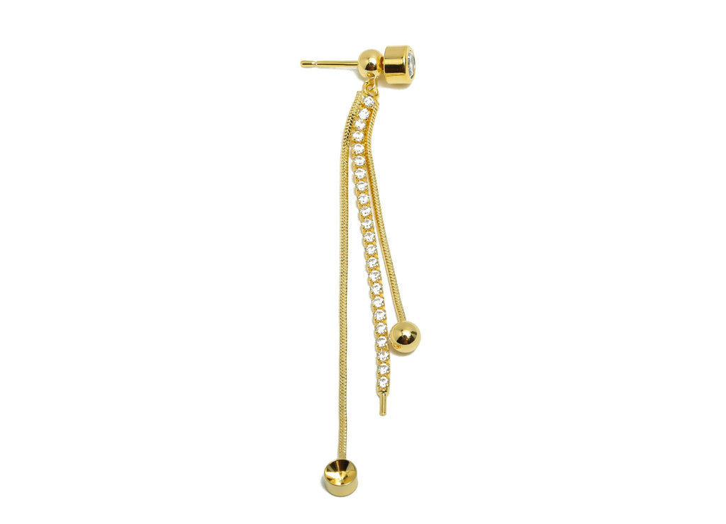 Brass Round Earring Stud - Zircon Chain Tassel Ear Stopper for Woman&#39;s - Gold Dangle Earring - 18K Real Gold Plating - 67x5x3.5mm - RGP8767 - DOMEDBAZAAR