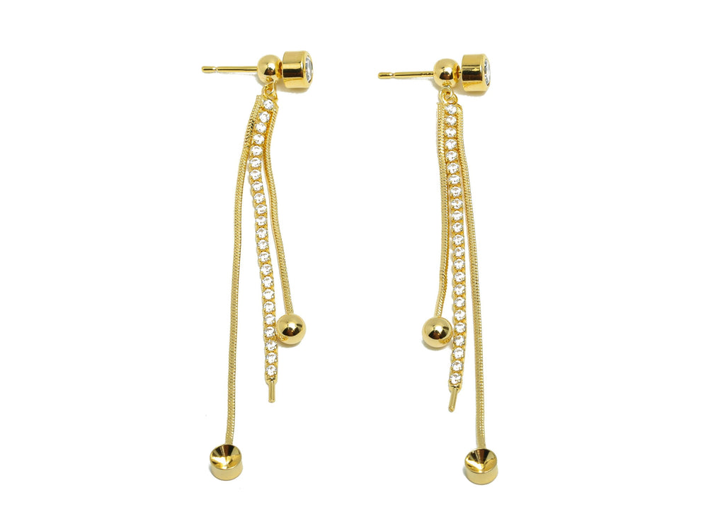 Brass Round Earring Stud - Zircon Chain Tassel Ear Stopper for Woman&#39;s - Gold Dangle Earring - 18K Real Gold Plating - 67x5x3.5mm - RGP8767 - DOMEDBAZAAR
