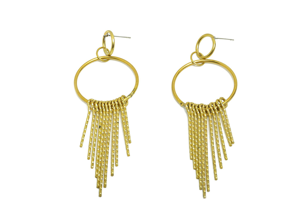 Dangle Tassel Earring Stud - Raw Brass Boho Textured Tassel Wire Post - Layered Fringe Earring for Bold Look Post - 90x30x5mm - PP10835 - DOMEDBAZAAR