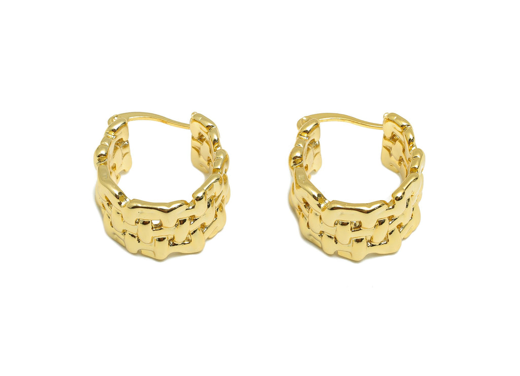 Brass Hinged Back Earring - Gold Hammered Fence Huggie Earring - Thick Daily Wear Ear - 18K Real Gold Plated - 21.12x19.8x2.18mm - RGP9149 - DOMEDBAZAAR