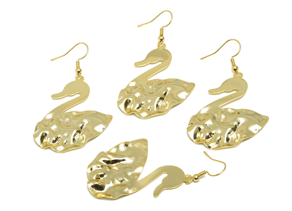 Brass Swan Wire Hook - Gold Hammered Earring Hook - Elegant Bird Earring - Artistic Earring - 18K Real Gold Plated - 45x35x1mm - RGP9261 - DOMEDBAZAAR