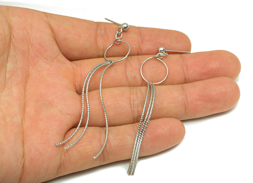 Dangle Tassel Earring Stud - Brass Boho Textured Tassel Wavy Wire Post - Dangle Fringe Earring Bold - White Gold Plated - 75x13x4mm-RGP10110 - DOMEDBAZAAR