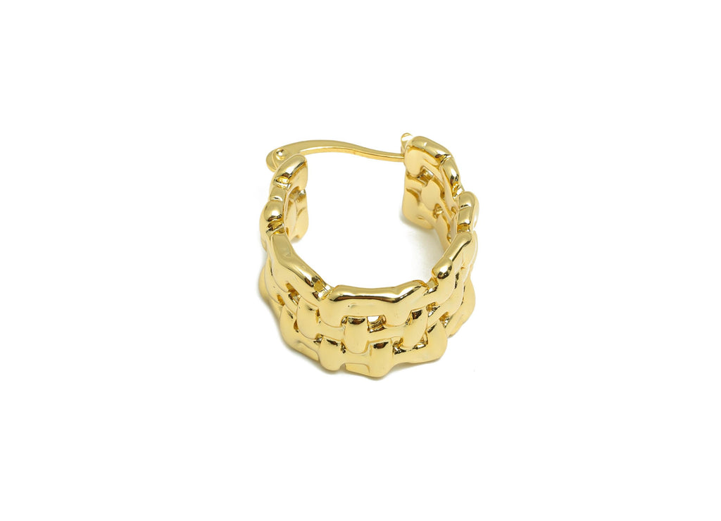 Brass Hinged Back Earring - Gold Hammered Fence Huggie Earring - Thick Daily Wear Ear - 18K Real Gold Plated - 21.12x19.8x2.18mm - RGP9149 - DOMEDBAZAAR