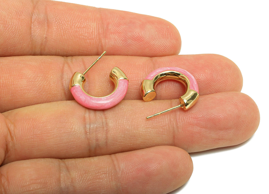 Brass Hoop Earring - Brass Enamel Chunky Hoop Earring - Trendy Colorful Hoop C Earring Post - 18K Real Gold Plated - 21x18x4mm- RGP9294 - DOMEDBAZAAR