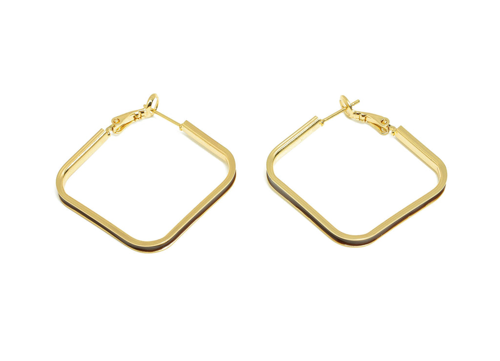 Brass Hoop Earring - Brass Enamel Geometry Hoop Clasp Earring - Trendy Square Hoop Earring - 18K Real Gold Plated - 38.5x34x3mm - RGP9323 - DOMEDBAZAAR