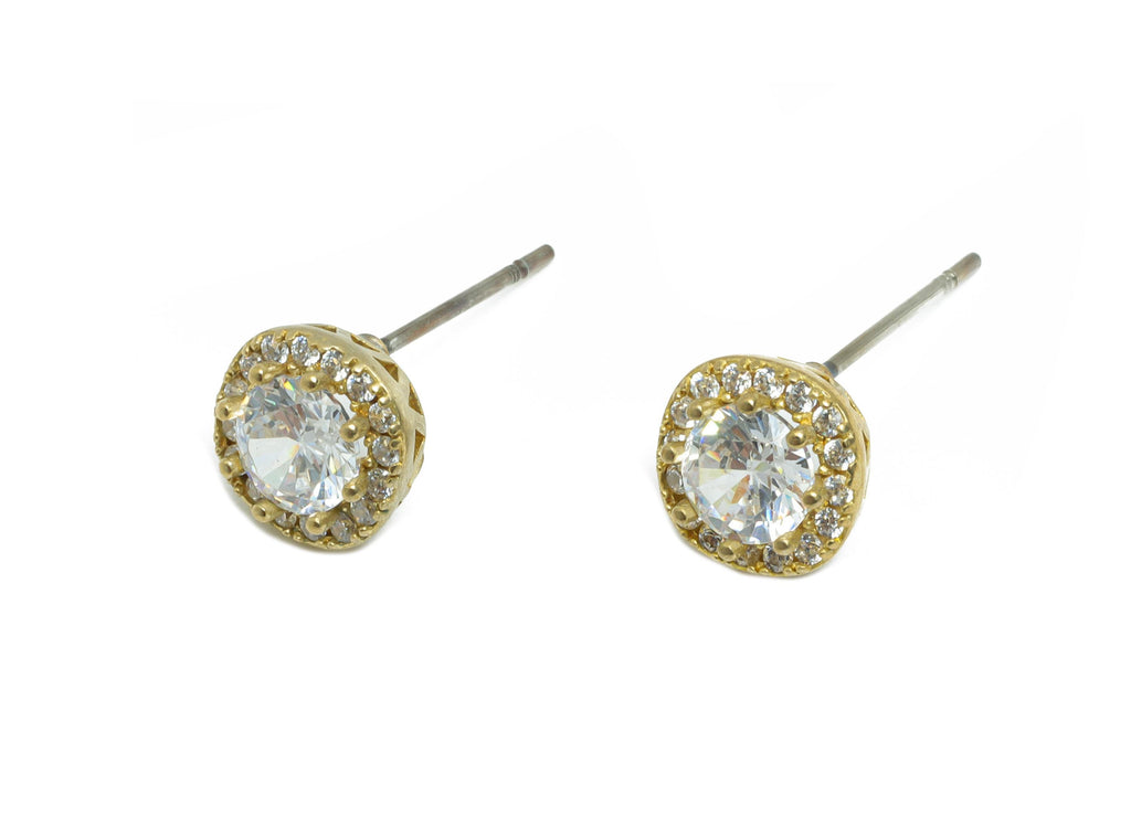 Halo Stud Earring - Raw Brass Round-Cut Shiny Gemstone Stud - Minimalist Gem Earring Post - Dainty Rhinestone Earring - 16x7x4mm - PP11021 - DOMEDBAZAAR