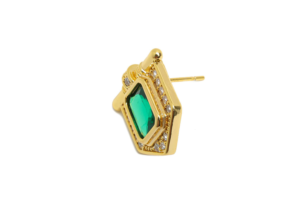 Green Gemstone Stud Earring - Brass Vintage Gemstone Stud - Gold Zircon Earring Post - Dainty Fashion Jewelry Earring  - 16x15x3mm -RGP10324 - DOMEDBAZAAR