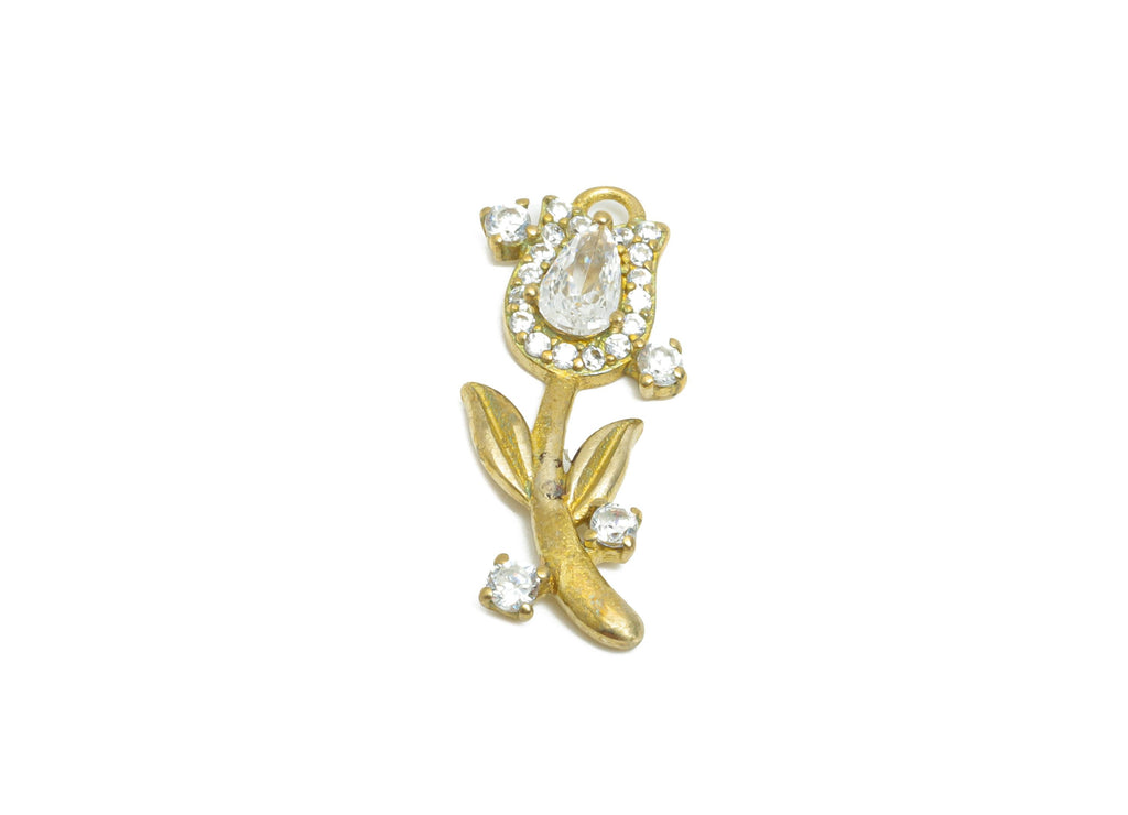 Brass Dainty Rhinestone Earring Charm - Raw Brass Crystal Flower Pendant - Sparkling Teardrop Tulip Earring Charm - 21x8x2mm - PP11066 - DOMEDBAZAAR