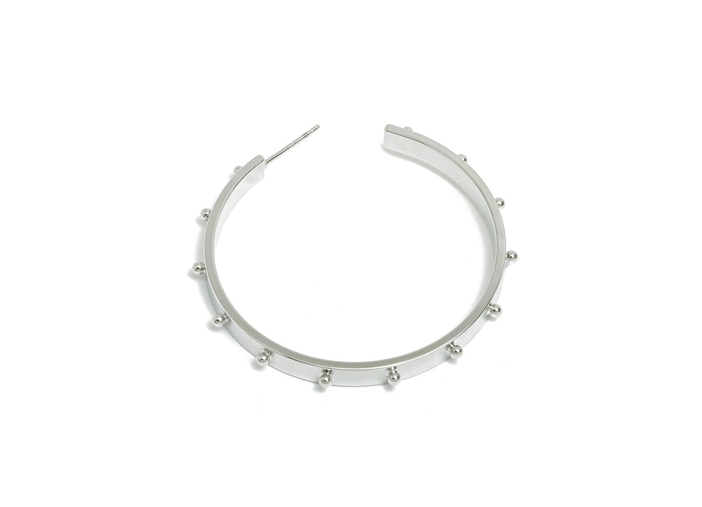 Brass Open C Hoop Earring - Silver Studded Wide Hoop Earring Stud - Brass Sleek Earring Post -18K White Gold Plated -46.8x4.5x7.6mm-RGP9525S - DOMEDBAZAAR