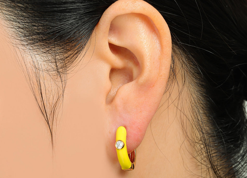 Gold Hoop Earring - Brass Vibrant Yellow Enamel Hoop Clasp - Bright Gold and Enamel Huggie Hoop - 18K Real Gold Plated - 19x18x4mm-RGP10378A - DOMEDBAZAAR