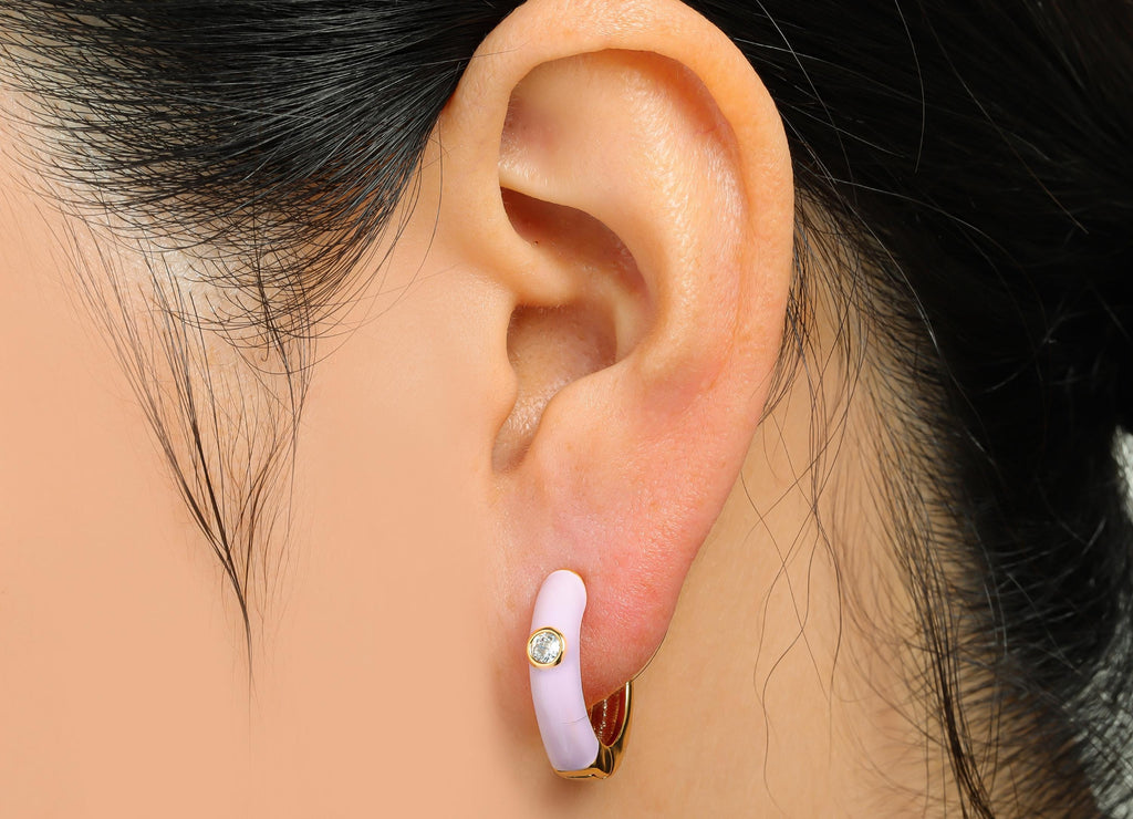 Gold Hoop Earring - Brass Vibrant Purple Enamel Hoop Clasp - Bright Gold Enamel Huggie Hoop - 18K Real Gold Plated - 19x18x4mm - RGP10378B - DOMEDBAZAAR