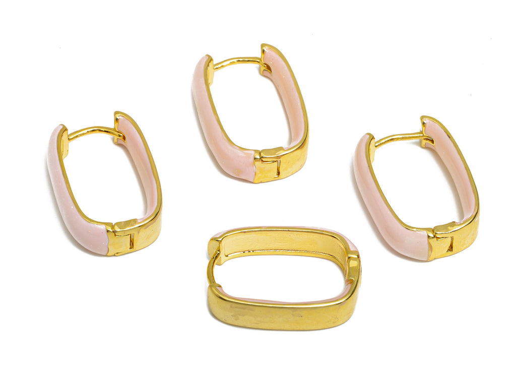 Brass U Shape Hoop Earring - Pink Enamel Chunky Earring - Minimalist Gold Oval Earring - 18K Real Gold Plated - 21.01x14.92x6.2mm -RGP9604A - DOMEDBAZAAR