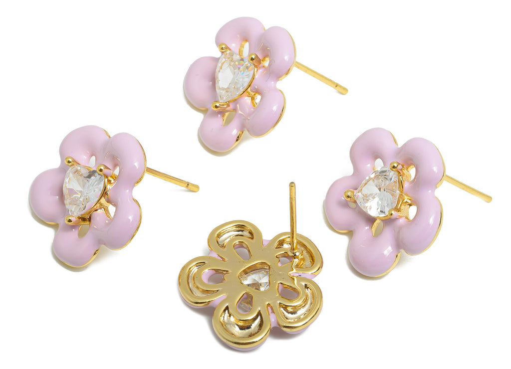 Brass Enamel Flower Earring - Brass Cubic Zircon Colorful Earring - Bold Spring Summer Charm - 18K Real Gold Plating - 17x16x4mm - RGP10377D - DOMEDBAZAAR