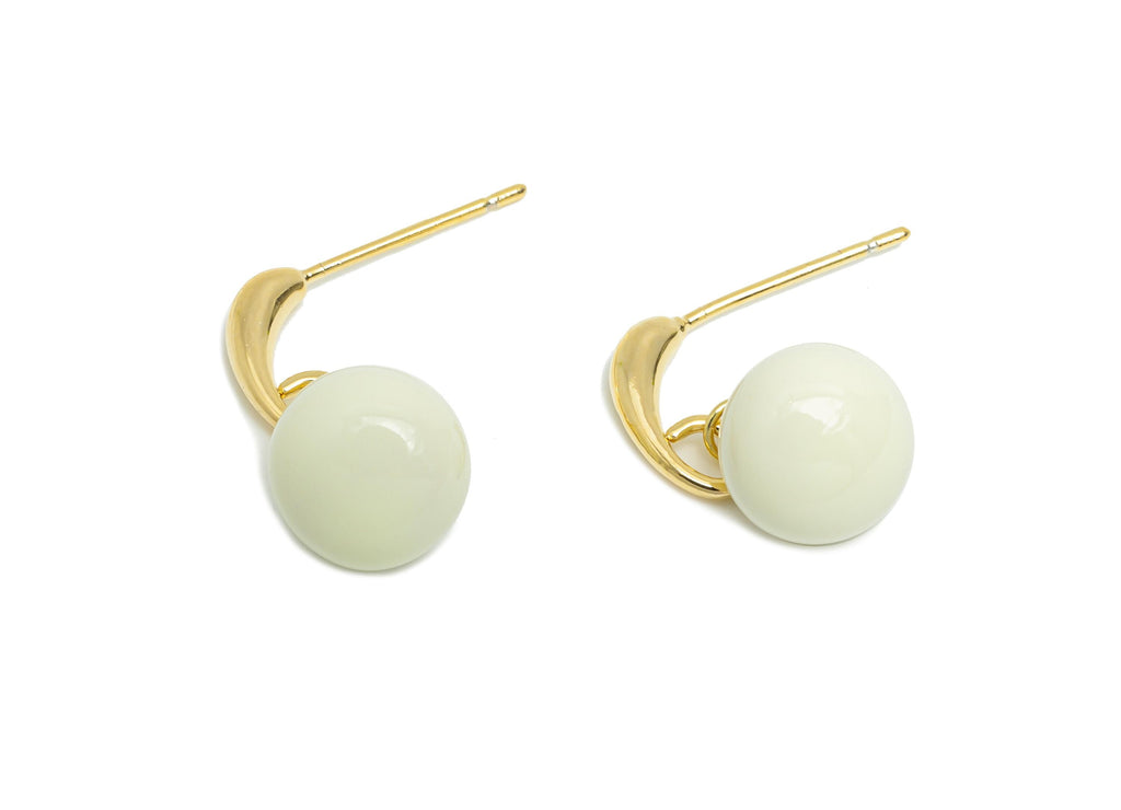 Brass Round Ball Dangle Earring - White Enamel Ball Hanging Earring Post - Gold Everday Jewelry - 18K Gold Plated - 20x9.17x0.74mm -RGP9603A - DOMEDBAZAAR