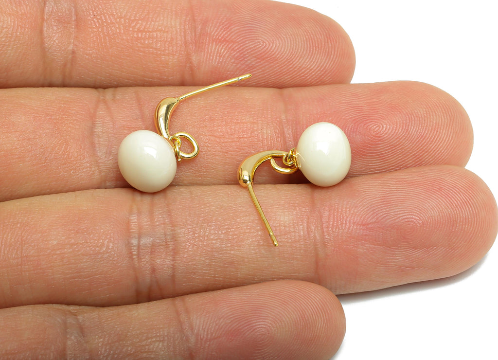 Brass Round Ball Dangle Earring - White Enamel Ball Hanging Earring Post - Gold Everday Jewelry - 18K Gold Plated - 20x9.17x0.74mm -RGP9603A - DOMEDBAZAAR