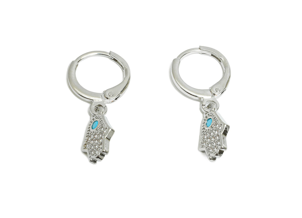 Silver Hamsa Leverback Earring - Brass Dangle Huggie Hoop Clasp - Cubic Zircon Earring - 18K Real White Gold Plated - 13x8x1mm - RGP9680S - DOMEDBAZAAR
