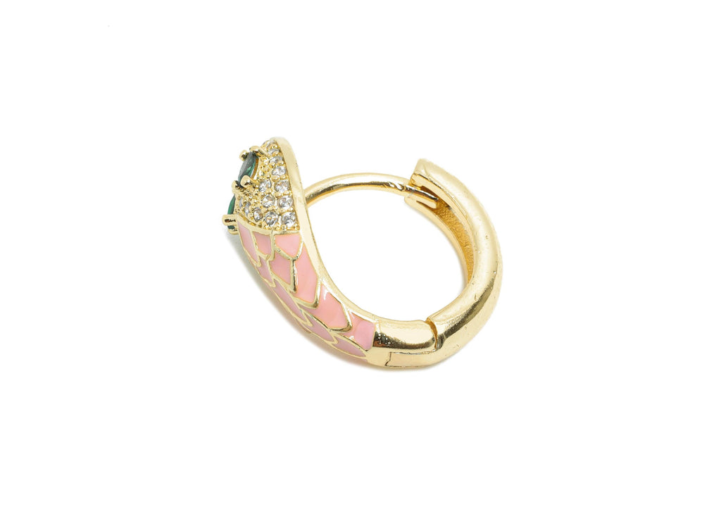 Snake Hoop Earring - Brass Pink Enamel Huggie Hoop - Cubic Zircon Dainty Animal Hoop Earrings - 18K Real Gold Plating - 18x15x7mm - RGP9711 - DOMEDBAZAAR