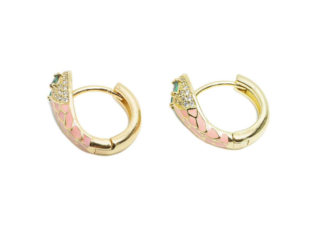Snake Hoop Earring - Brass Pink Enamel Huggie Hoop - Cubic Zircon Dainty Animal Hoop Earrings - 18K Real Gold Plating - 18x15x7mm - RGP9711 - DOMEDBAZAAR