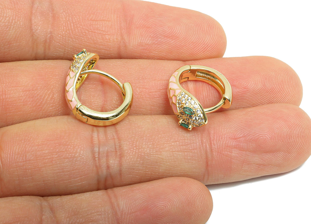 Snake Hoop Earring - Brass Pink Enamel Huggie Hoop - Cubic Zircon Dainty Animal Hoop Earrings - 18K Real Gold Plating - 18x15x7mm - RGP9711 - DOMEDBAZAAR
