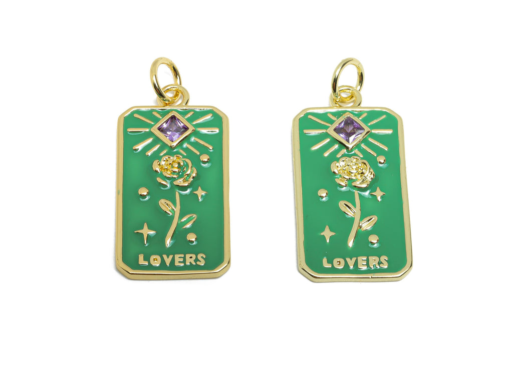 Green Flower Pendant - Brass Square Zircon Enamel Rose Jewelry - Rectangle Space Pendant - 18K Real Gold Plating - 27x14x2.04mm - RGP9724 - DOMEDBAZAAR