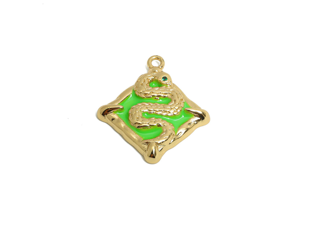 Snake Enamel Square Pendant - Brass Square Zircon Enamel Jewelry - Vintage Snake Pendant - 18K Real Gold Plating - 20x18x3mm - RGP9708 - DOMEDBAZAAR