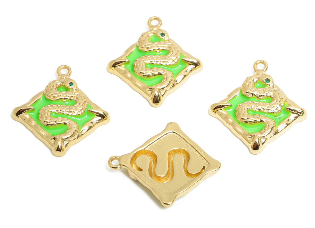 Snake Enamel Square Pendant - Brass Square Zircon Enamel Jewelry - Vintage Snake Pendant - 18K Real Gold Plating - 20x18x3mm - RGP9708 - DOMEDBAZAAR