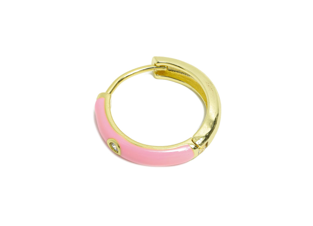 Brass CZ Hoop Earring - Pink Enamel CZ Huggie Earring - Classic Hoop Minimalist Jewelry - 18K Real Gold Plated - 19.49x19.19x3.72mm -RGP9763 - DOMEDBAZAAR