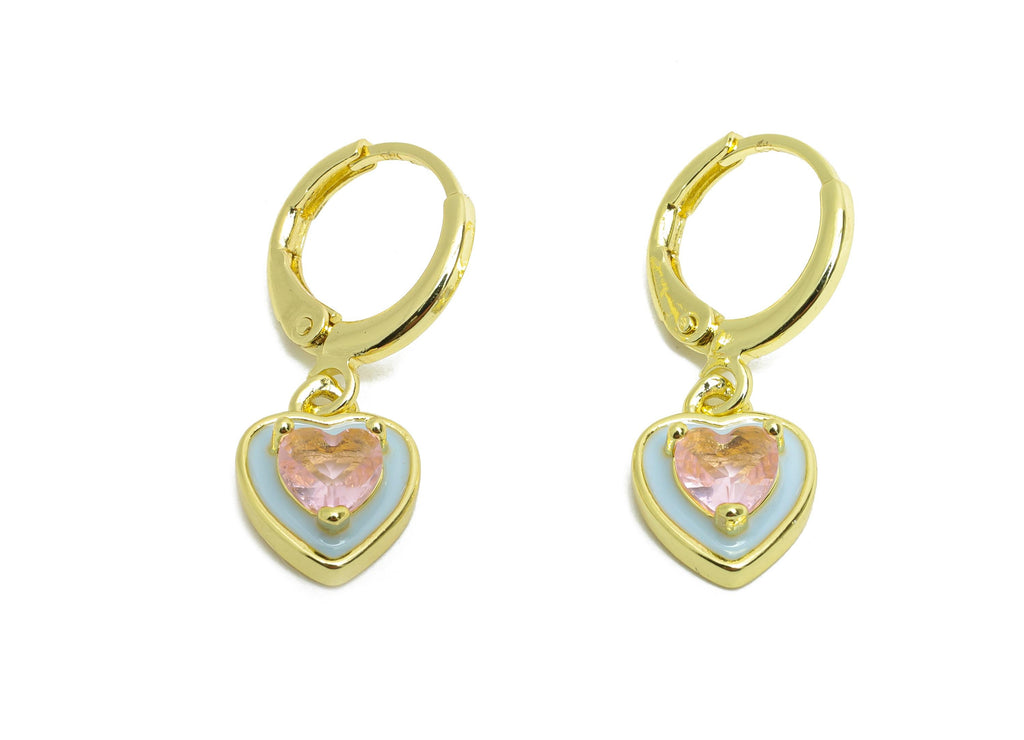 Dangle Hoop Lever back Earring - Blue Enamel Heart Earring - Brass CZ Huggie Hoop Clasp - 18K Real Gold Plated - 25.04x8.99x3.83mm - RGP9811 - DOMEDBAZAAR