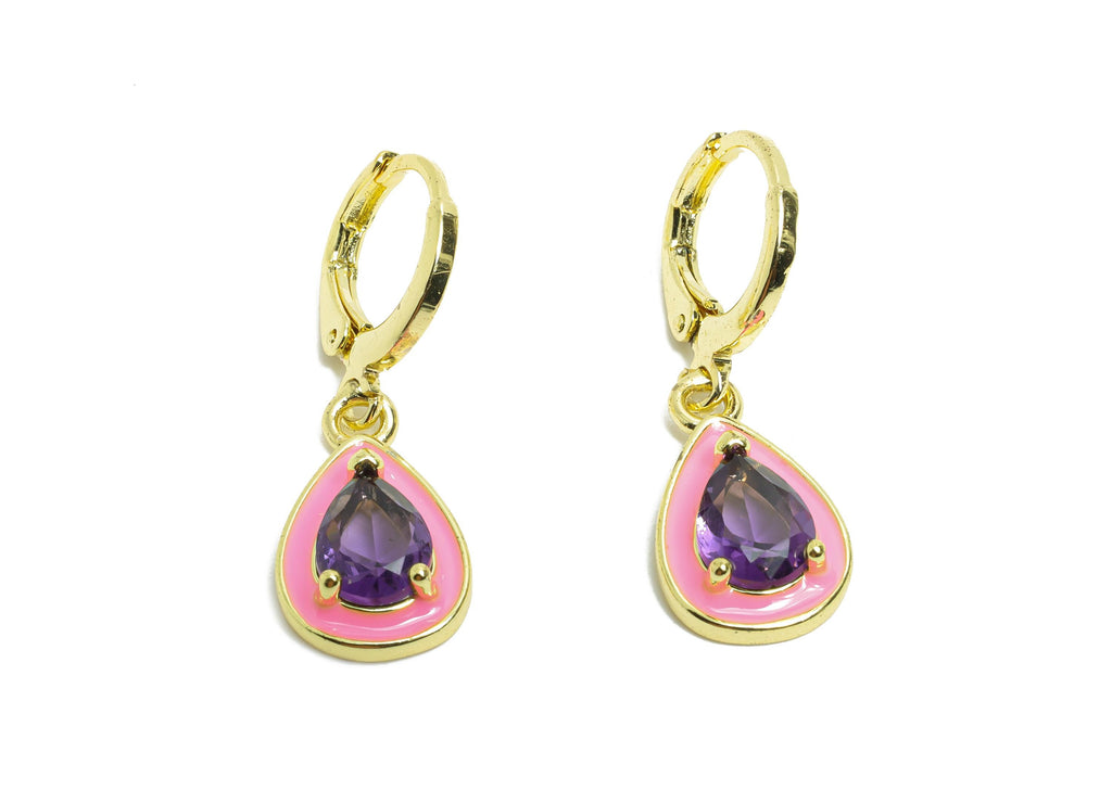 Dangle Drop Hoop Lever back Earring - Pink Enamel Drop Earring - Brass CZ Huggie Hoop Clasp - 18K Gold Plated - 29.69x9.96x4.14mm -RGP9797 - DOMEDBAZAAR