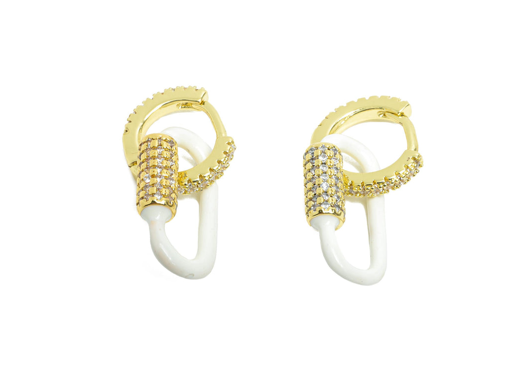 Gold Dangle CZ Hoop Clasp - White Enamel Oval Earring - Refined Brass Huggie Hoop Clasp - 18K Real Gold Plated - 24.51x11.7x3.85mm - RGP9783 - DOMEDBAZAAR